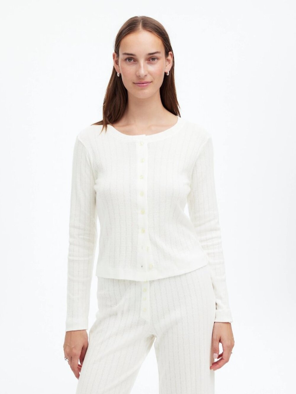 Madewell x LESET Pointelle Classic Crew Cardigan in White, Size X-Small